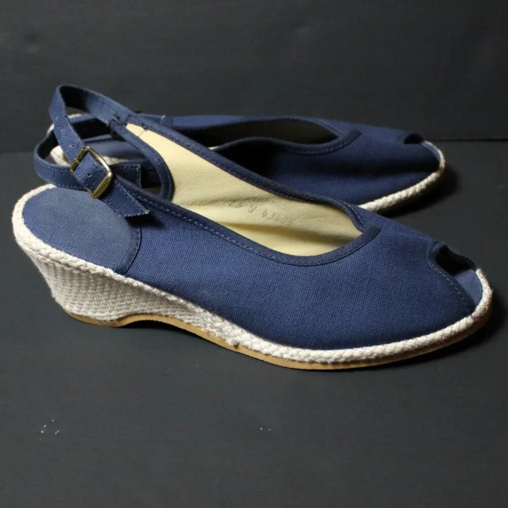 Vintage Navy Peep Toe Espadrilles 7.5